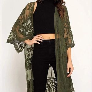 Army Green Lace Midi Kimono